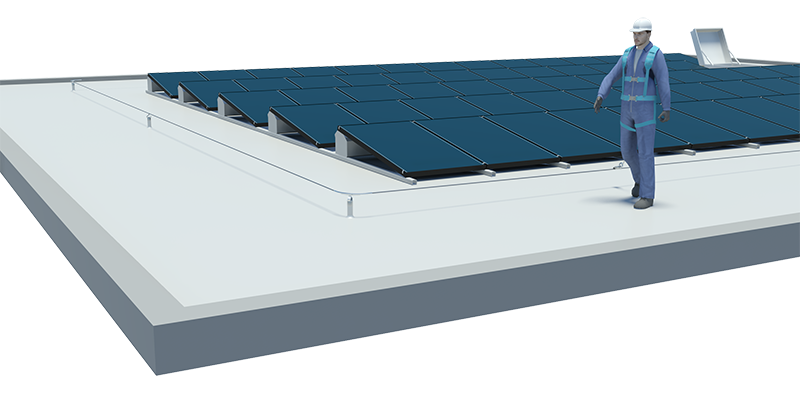 Horizontale leeflijn voor dak met zonnepanelen valbeveiliging